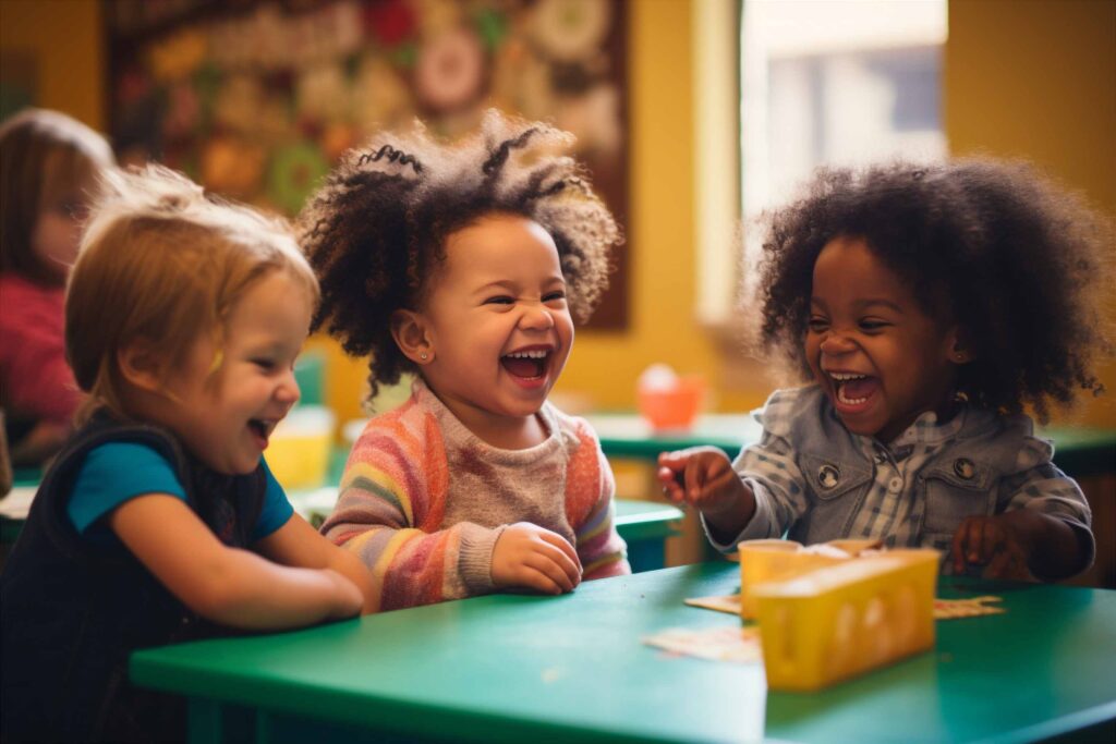 Bambini sorridenti giocano insieme in un'aula di asilo nido