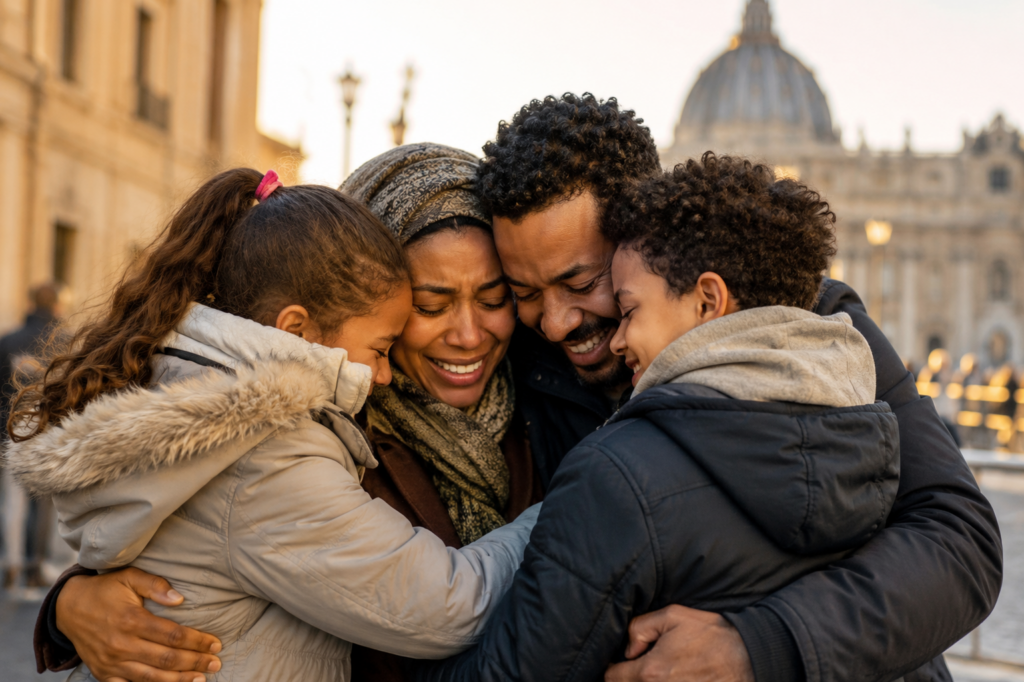 Una famiglia di migranti che si abbraccia dopo essere finalmente riuscita a ritrovarsi ottenendo i permessi di soggiorno in Italia