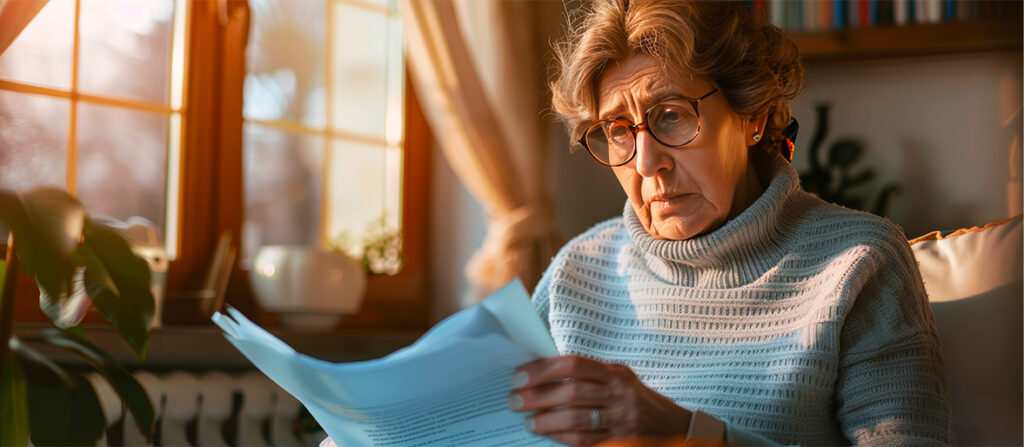 Donna anziana a casa. Osserva la sua pensione controllando i suoi contributi di lavoro maturati all'estero