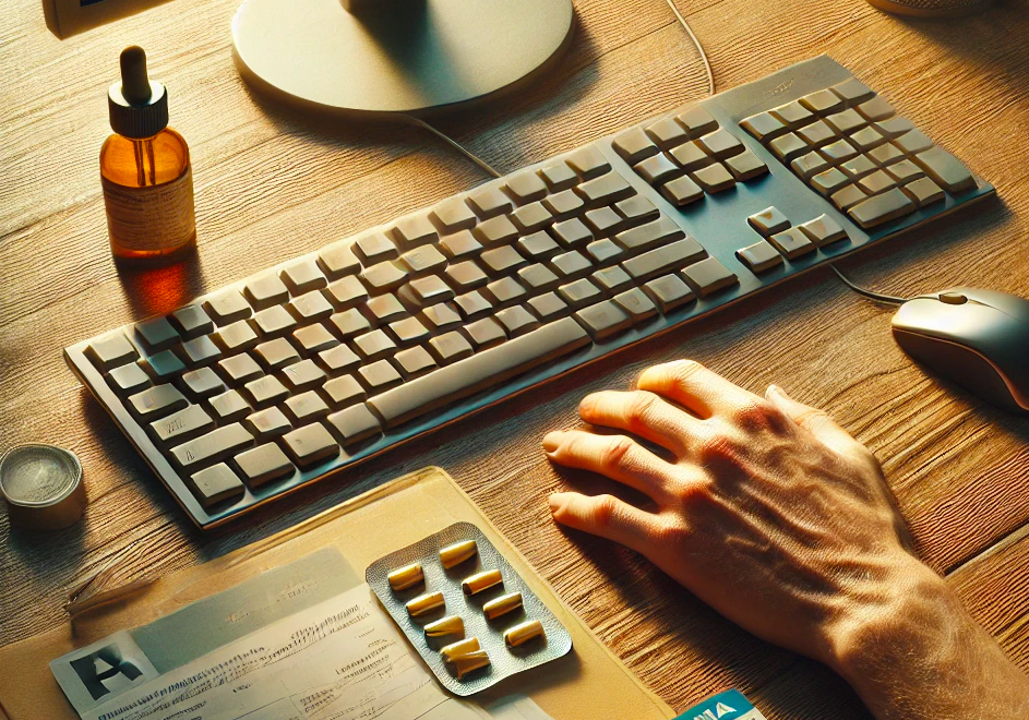 L'immagine di un lavoratore alla sua scrivania. Vicino al PC si vedono pasticche e altri medicinali, segno di un lavoratore fragile che ha bisogno di tutele specifiche.