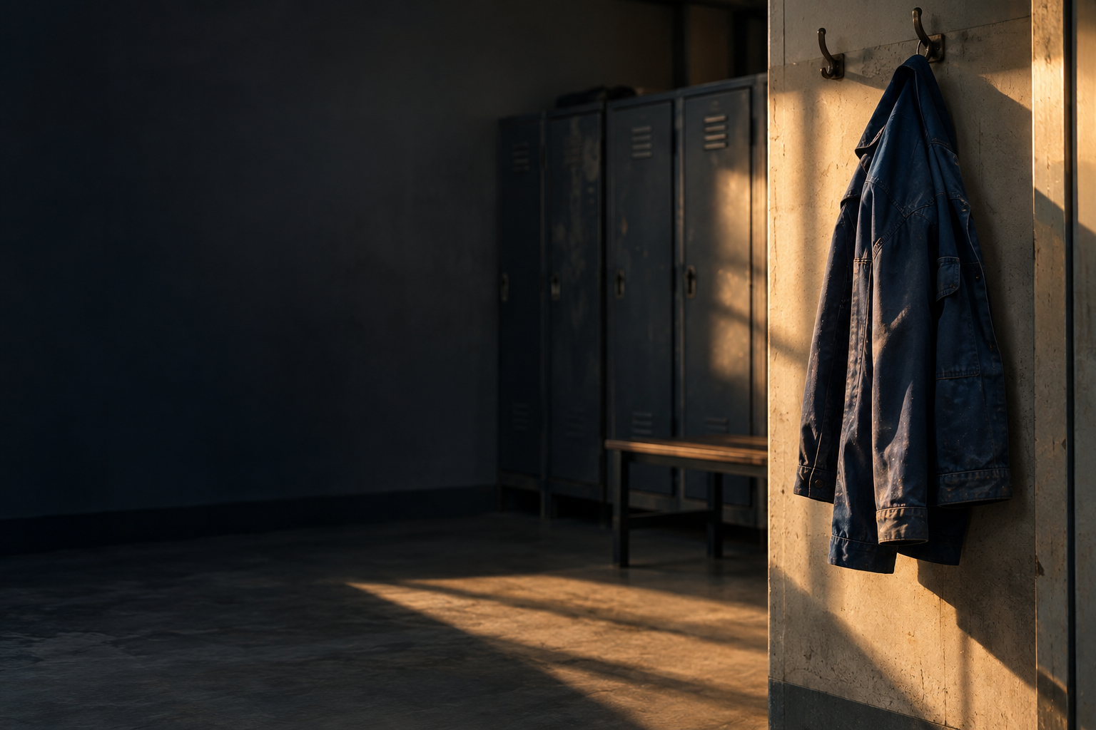 Giacca da lavoro blu appesa in uno spogliatoio industriale vuoto, immagine simbolica delle malattie professionali e dei danni alla salute legati al lavoro.